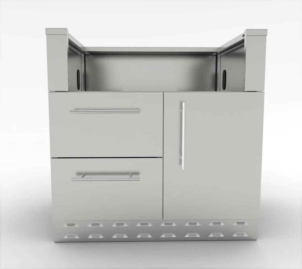 Front view of Sunstone SAC34GLPCD 34-inch stainless grill base cabinet with two drawers, access door, and vented toe-kick.