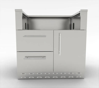 Front view of Sunstone SAC34GLPCD 34-inch stainless grill base cabinet with two drawers, access door, and vented toe-kick.