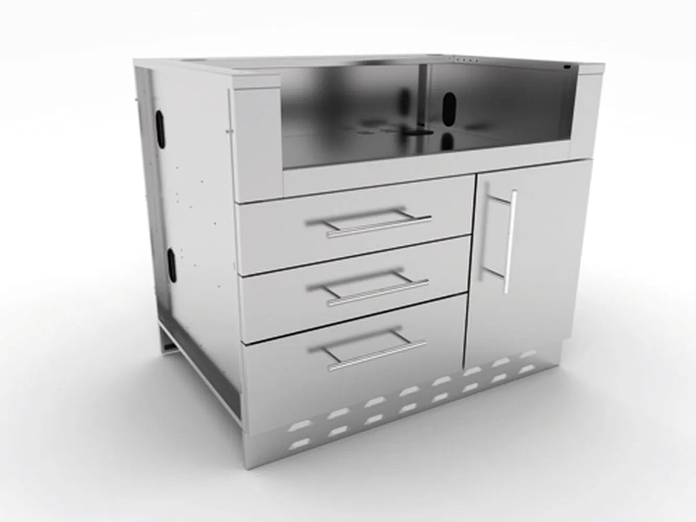 Angled view of Sunstone SAC40GLPCD 40" gas grill base cabinet, stainless three-drawer stack with right-side access door and vented toe-kick.