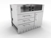 Angled view of Sunstone SAC40GLPCD 40" gas grill base cabinet, stainless three-drawer stack with right-side access door and vented toe-kick.