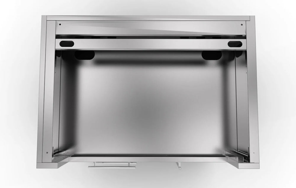 Top-down view inside Sunstone SAC40GLPCD 40" grill base cabinet showing stainless interior cavity and rear access openings for gas lines.