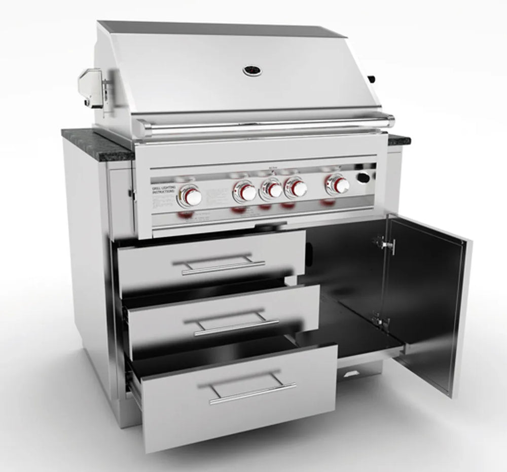 Sunstone SAC40GLPCD 40-inch stainless grill base cabinet with built-in gas grill, three drawers open and right-door storage cabinet.