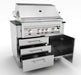 Sunstone SAC40GLPCD 40-inch stainless grill base cabinet with built-in gas grill, three drawers open and right-door storage cabinet.