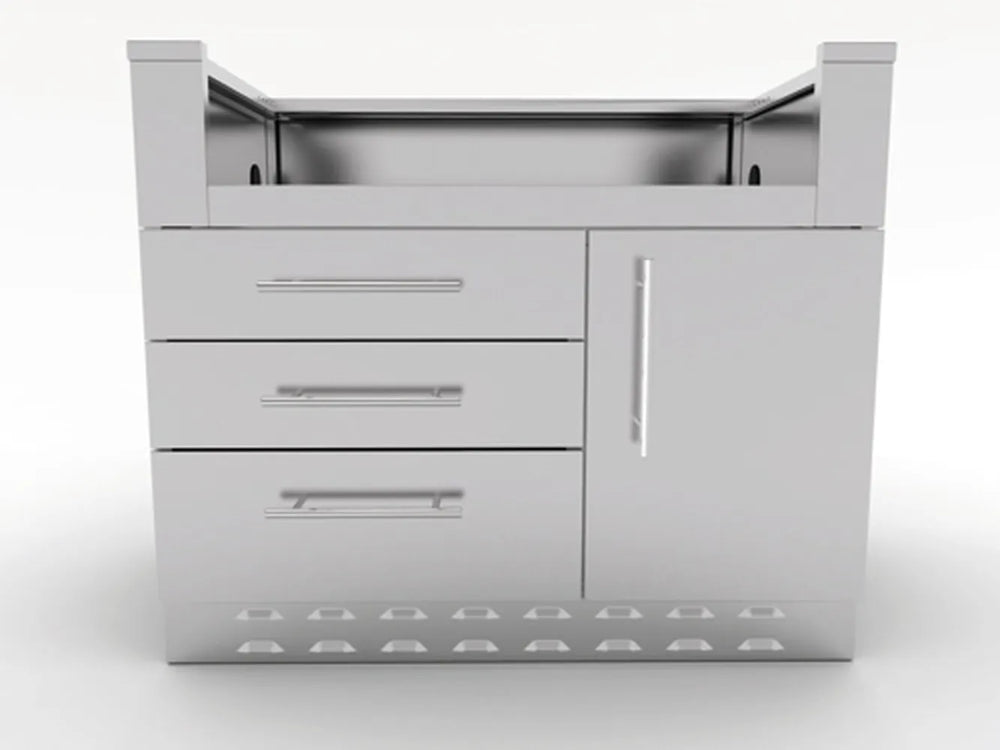 Front view of Sunstone SAC40GLPCD 40-inch stainless grill base cabinet with three drawers, right access door, and open top grill cavity.