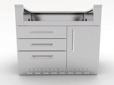 Front view of Sunstone SAC40GLPCD 40-inch stainless grill base cabinet with three drawers, right access door, and open top grill cavity.