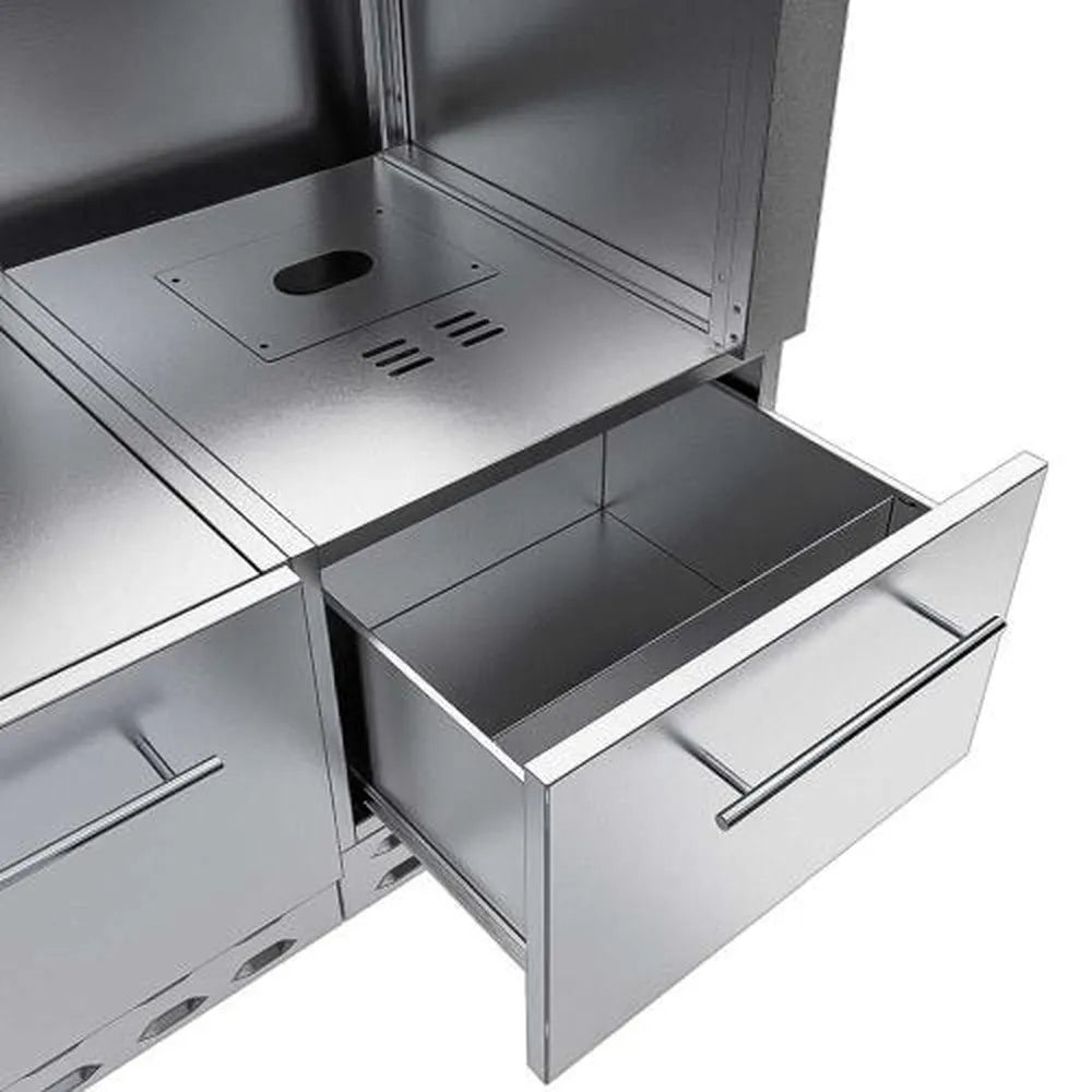 Sunstone SCC22PTD 22-inch pellet grill base drawer in stainless steel, deep pull-out storage drawer for outdoor kitchen cabinets.