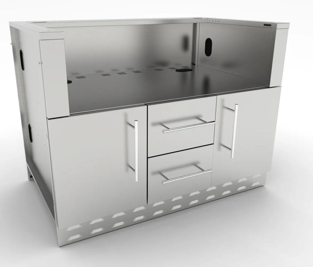Angled view of Sunstone SAC46CGDC 46" charcoal grill base cabinet, stainless double doors with two center drawers for outdoor kitchen islands.
