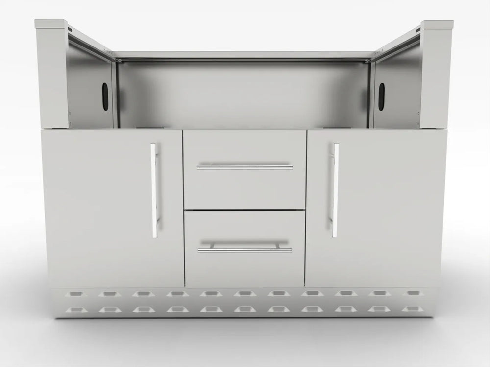 Front view of Sunstone SAC46CGDC 46-inch stainless charcoal grill base cabinet with double doors, two drawers, and vented toe-kick.
