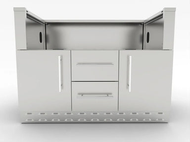 Front view of Sunstone SAC46CGDC 46-inch stainless charcoal grill base cabinet with double doors, two drawers, and vented toe-kick.