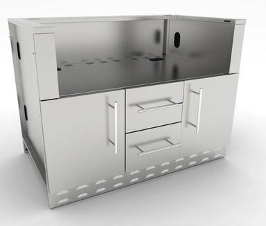Angled view of Sunstone SAC46CGDC 46" charcoal grill base cabinet, stainless double doors with two center drawers for outdoor kitchen islands.