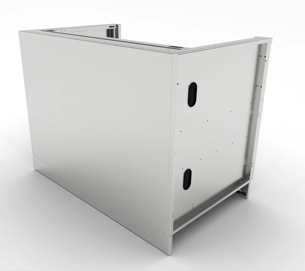 Side view of Sunstone SAC46CGDC 46" charcoal grill base cabinet frame, stainless panel with utility access cutouts for outdoor kitchen install.