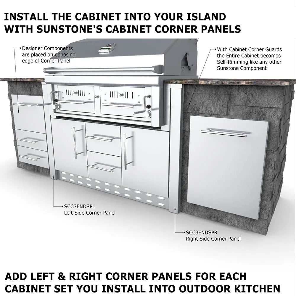 Installation graphic showing Sunstone grill base cabinets set into an island with Sunstone cabinet corner panels for a clean built-in outdoor kitchen finish.