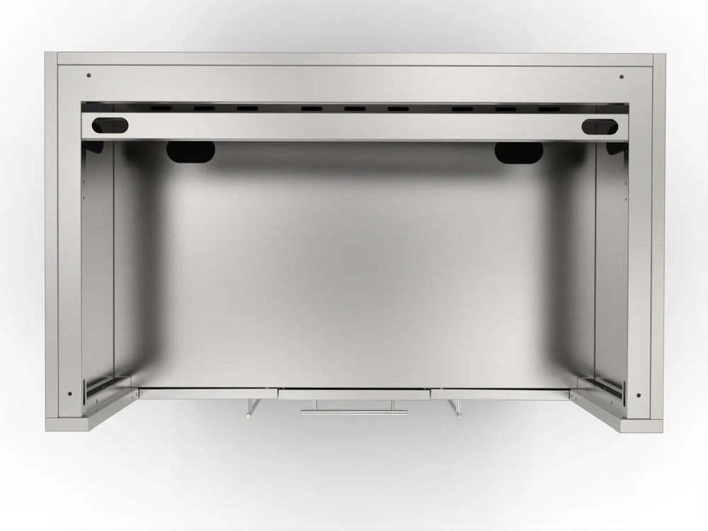 Top-down interior view of Sunstone SAC46CGDC 46" cabinet showing stainless grill cavity and rear access openings for airflow and hookups.