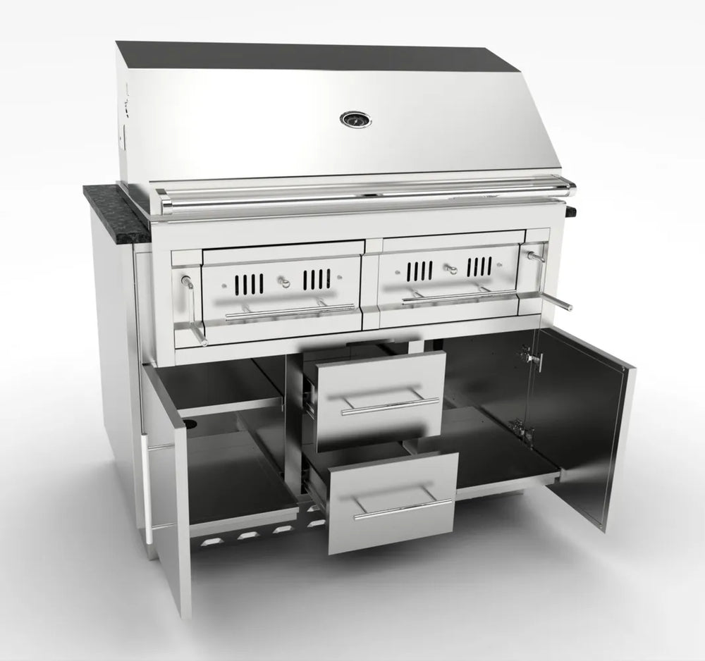 Sunstone SAC46CGDC 46-inch charcoal grill base cabinet with charcoal grill installed, doors open and drawers extended for storage access.