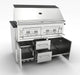 Sunstone SAC46CGDC 46-inch charcoal grill base cabinet with charcoal grill installed, doors open and drawers extended for storage access.