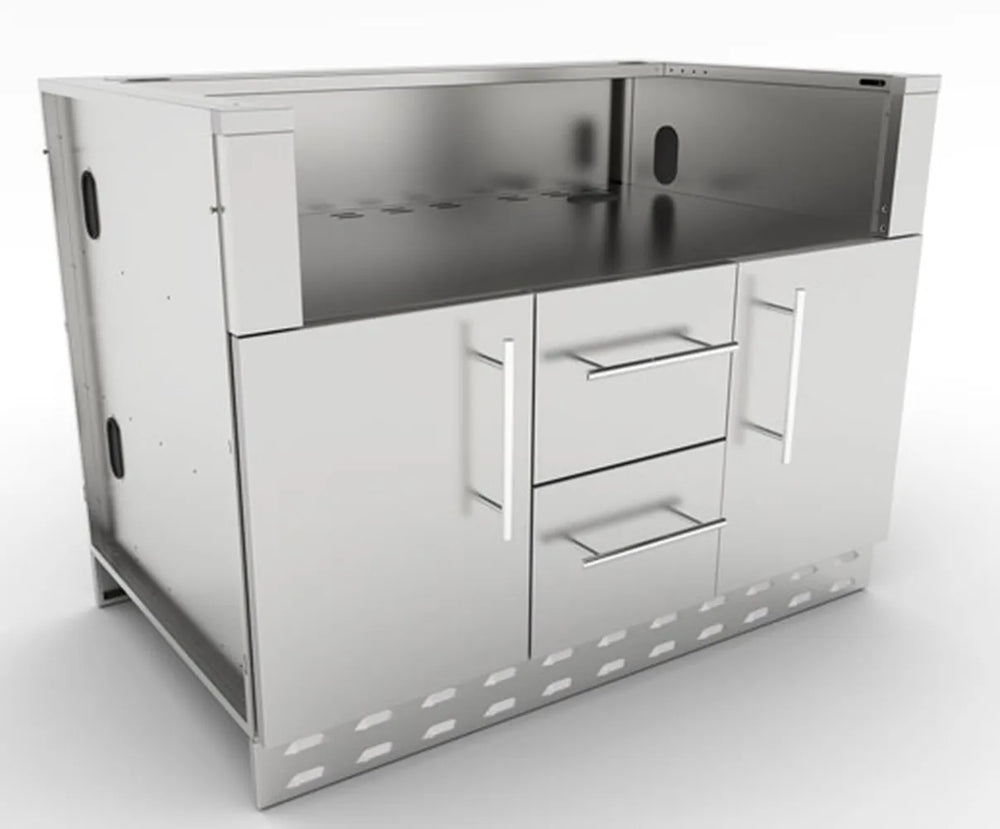 Angled view of Sunstone SAC46GLPCD 46-inch grill base cabinet, stainless double doors and center drawers with open top cavity for built-in grill.