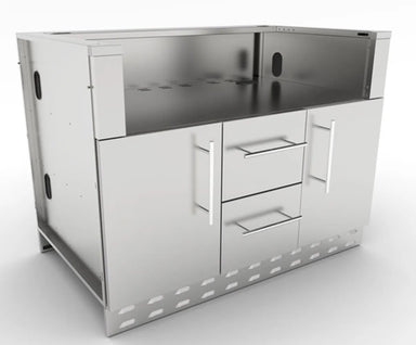 Angled view of Sunstone SAC46GLPCD 46-inch grill base cabinet, stainless double doors and center drawers with open top cavity for built-in grill.