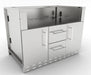 Angled view of Sunstone SAC46GLPCD 46-inch grill base cabinet, stainless double doors and center drawers with open top cavity for built-in grill.
