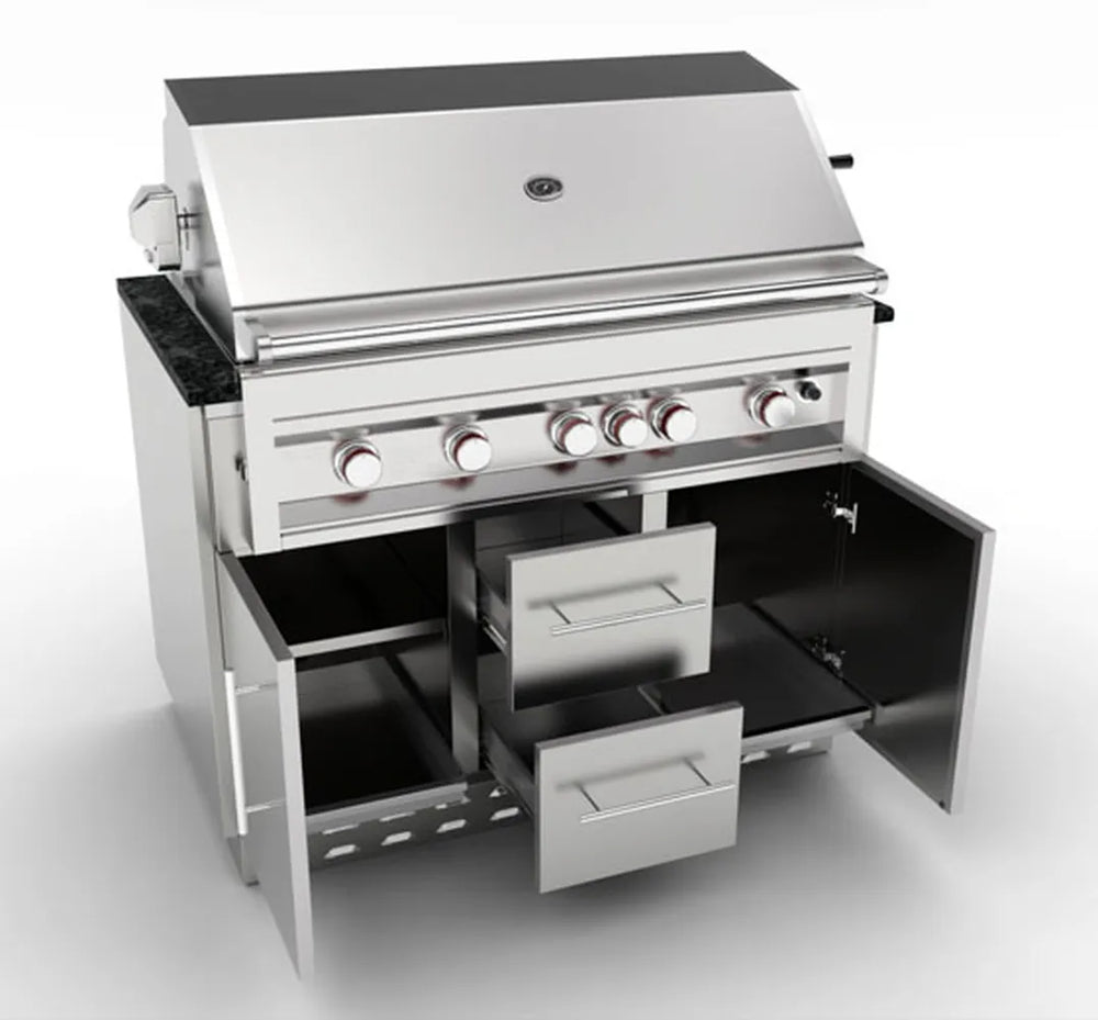 Sunstone SAC46GLPCD 46" stainless grill base cabinet with built-in gas grill, doors open and pull-out drawers for outdoor kitchen storage.