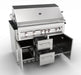 Sunstone SAC46GLPCD 46" stainless grill base cabinet with built-in gas grill, doors open and pull-out drawers for outdoor kitchen storage.