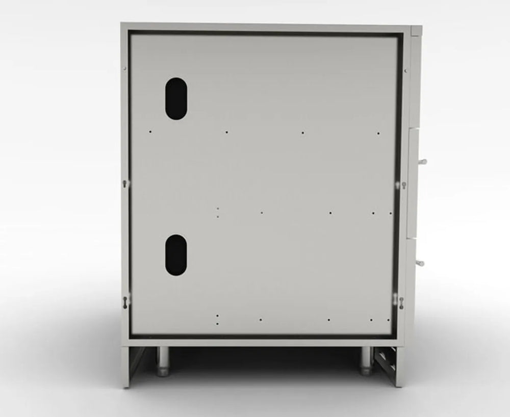 Side view of Sunstone SAC46GLPCD 46" stainless grill base cabinet frame with utility access cutouts for gas and electrical hookups.