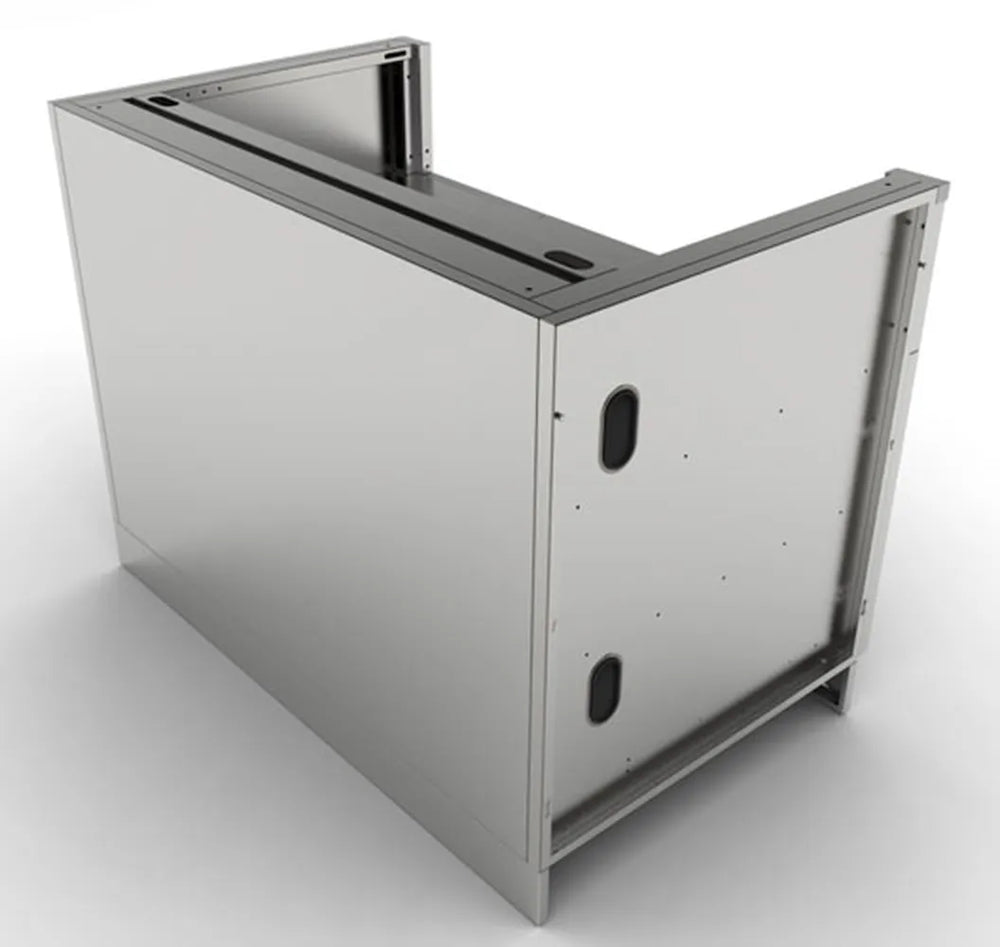 Rear/side view of Sunstone SAC46GLPCD 46" gas grill base cabinet showing stainless panels, access cutouts, and open top for grill installation.