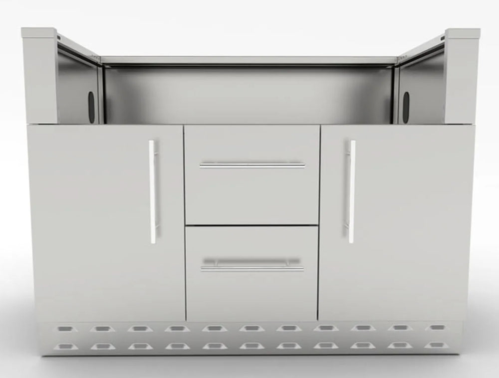 Front view of Sunstone SAC46GLPCD 46-inch gas grill base cabinet, stainless steel with double doors, two center drawers, and vented toe-kick.