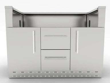 Front view of Sunstone SAC46GLPCD 46-inch gas grill base cabinet, stainless steel with double doors, two center drawers, and vented toe-kick.