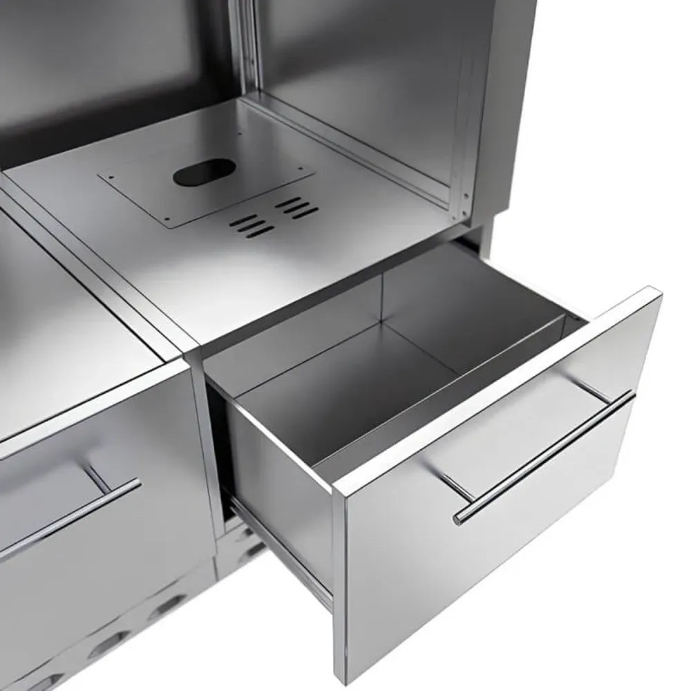 Close-up of Sunstone SAC52HGDC 52" stainless pellet grill base cabinet with deep drawer open for outdoor BBQ tools and storage.