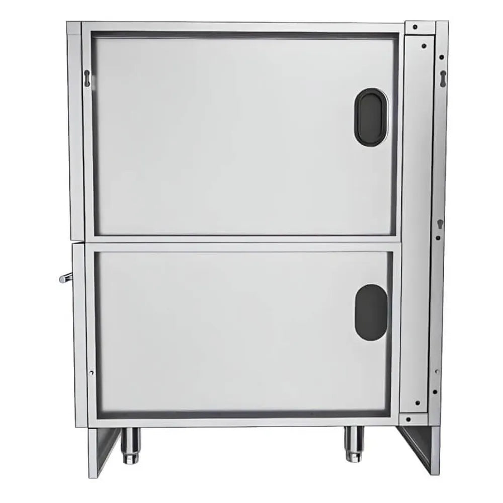 End view of Sunstone SAC52HGDC 52" pellet grill base cabinet showing stacked access panels, stainless frame, and leveling feet.
