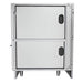 End view of Sunstone SAC52HGDC 52" pellet grill base cabinet showing stacked access panels, stainless frame, and leveling feet.