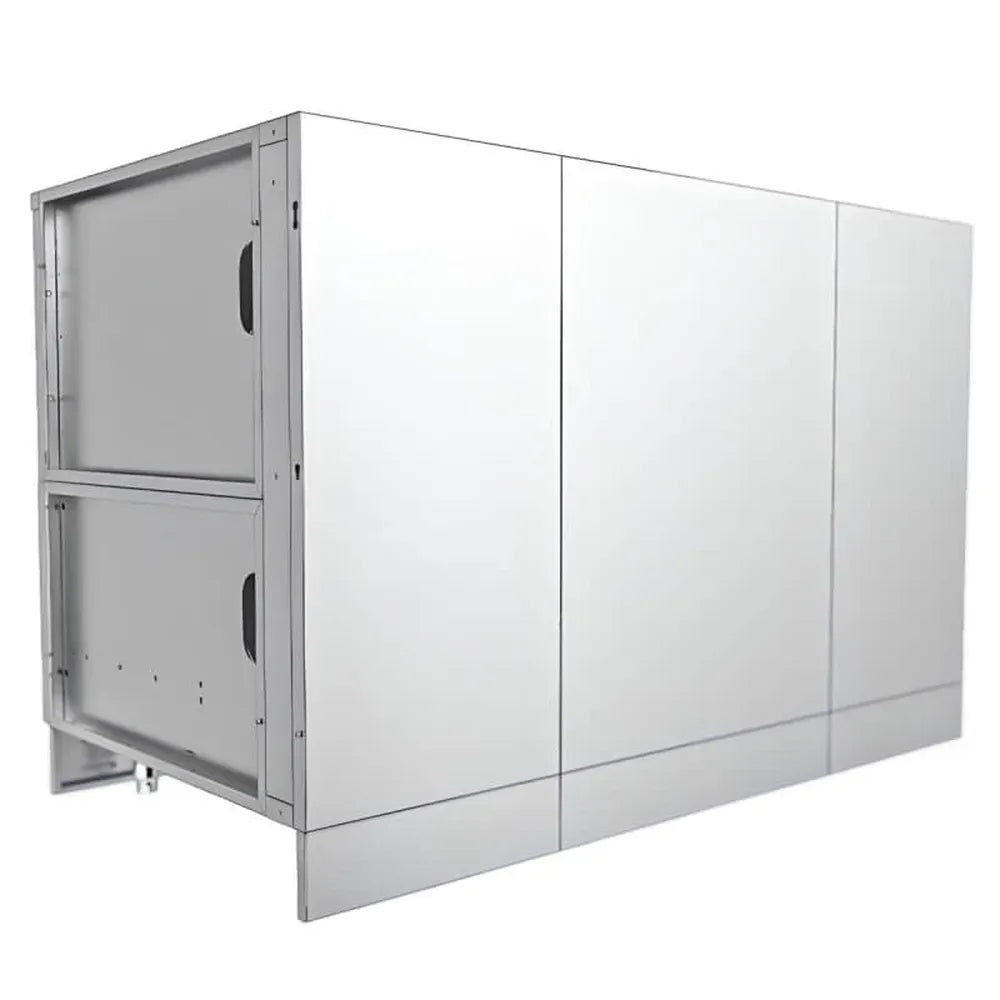 Rear/side view of Sunstone SAC52HGDC pellet grill base cabinet 52", smooth stainless panels designed for outdoor kitchen installations.