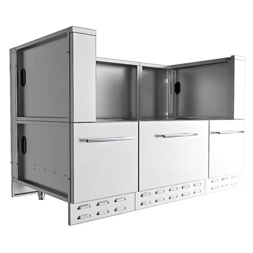 Sunstone SAC52HGDC 52-inch pellet grill base cabinet in stainless steel, triple drawers and open rear access for outdoor kitchen islands.