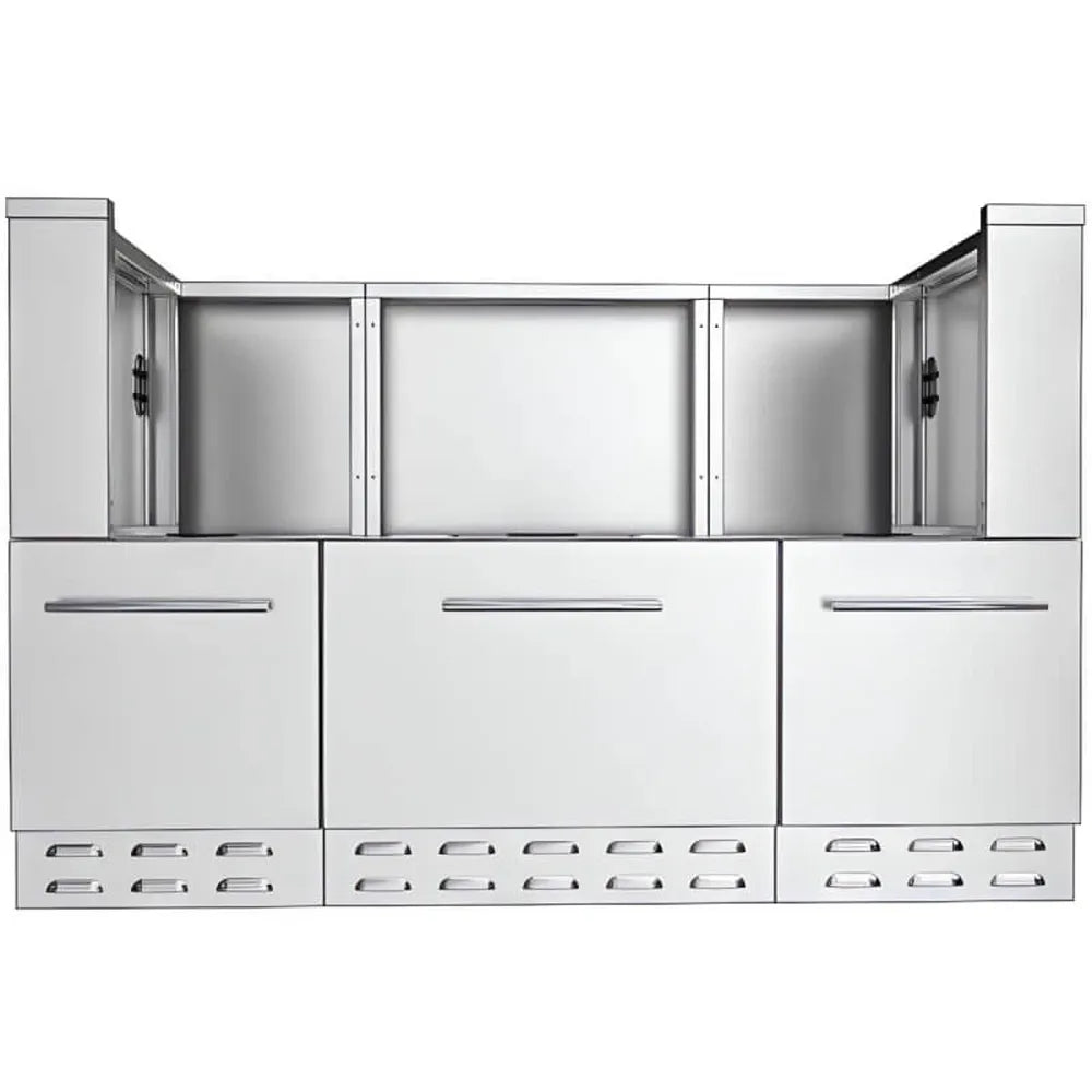 Front view of Sunstone SAC52HGDC pellet grill base cabinet 52", stainless steel with three large drawers and vented toe-kick panel.