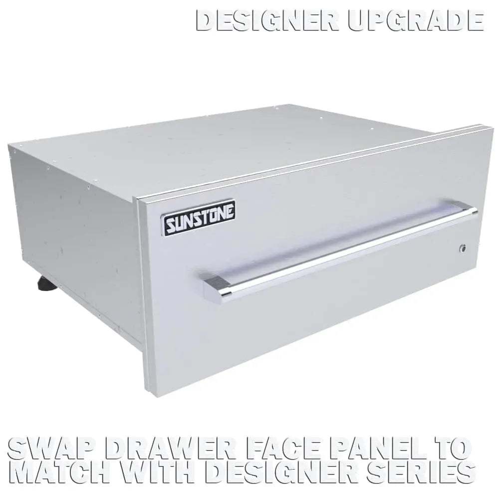 Perspective view of a Sunstone 30-inch warming drawer with the Designer Series face panel upgrade installed, showing the depth and sleek 304 stainless steel finish.