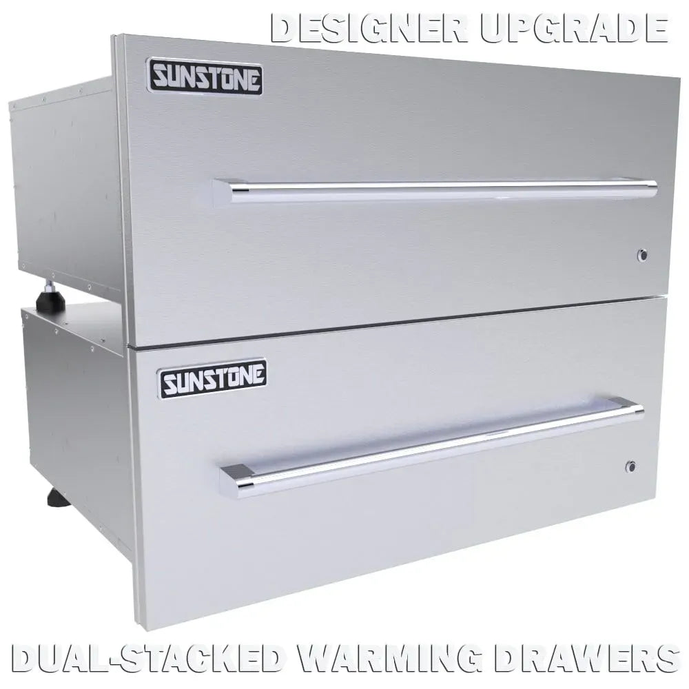 Two professional Sunstone 30-inch warming drawers stacked vertically, both featuring SAP30WDDE Designer Series face panels for a high-end outdoor kitchen setup.