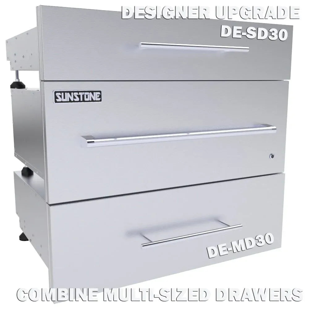 Triple-stacked Sunstone outdoor kitchen storage featuring a 30-inch warming drawer with designer face panel, a small drawer (DE-SD30), and a medium drawer (DE-MD30).