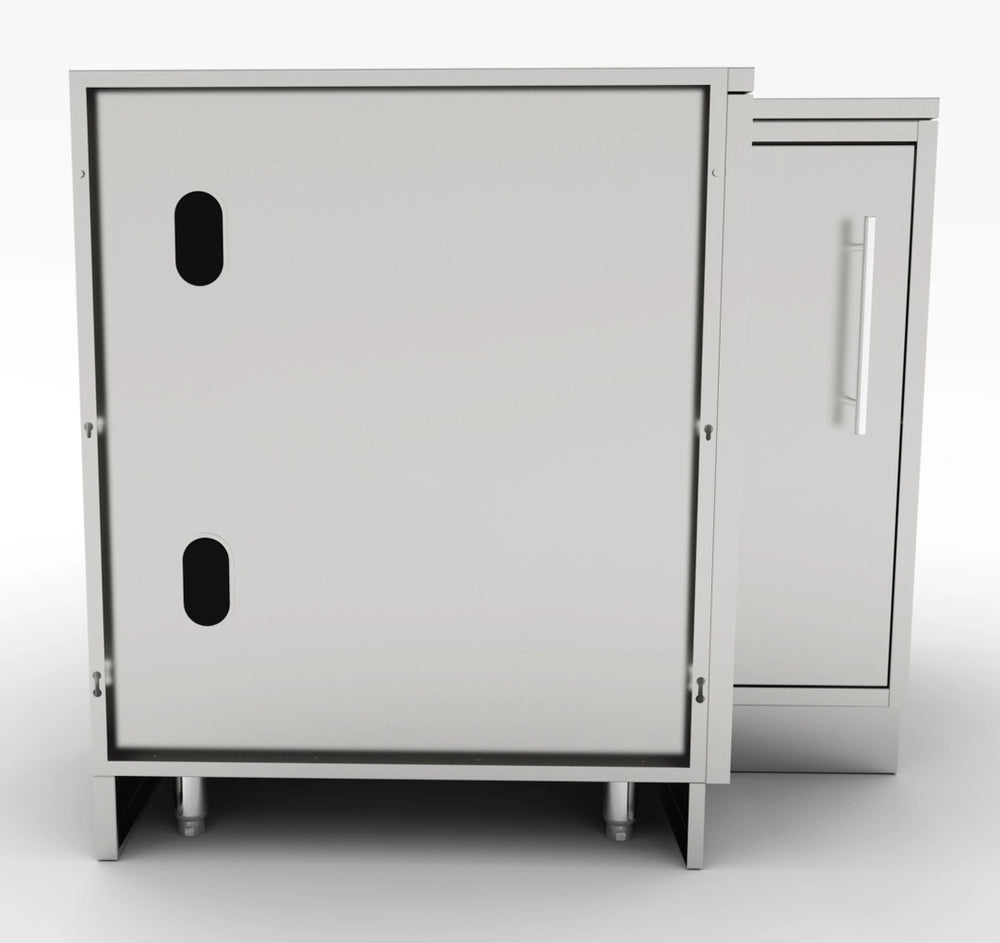 Rear view of Sunstone SBC12SLS stainless steel corner cabinet showing pre-drilled access holes for plumbing and electrical lines.
