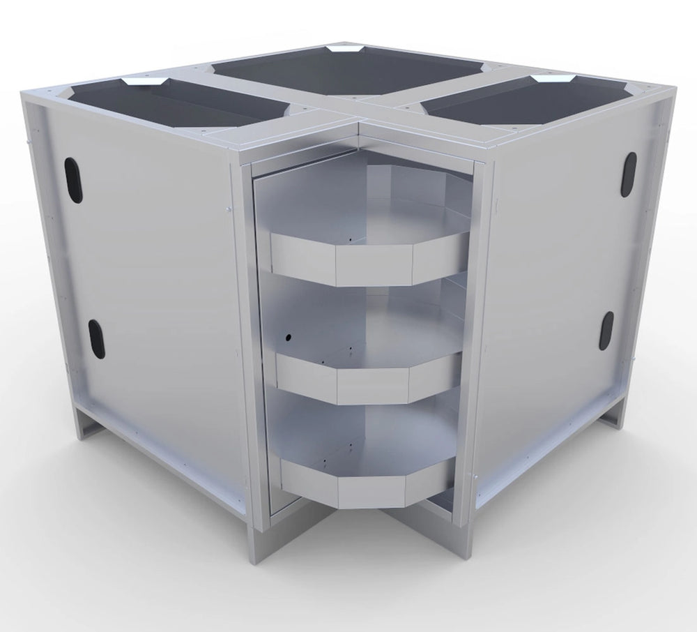 Open Sunstone SBC12SLS corner cabinet featuring a 3-tier integrated Lazy Susan rotating shelf system for outdoor kitchen storage.