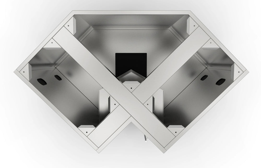 Top-down view of the Sunstone stainless steel corner cabinet frame highlighting the cross-brace support for heavy countertop installation.