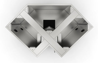 Top-down view of the Sunstone stainless steel corner cabinet frame highlighting the cross-brace support for heavy countertop installation.