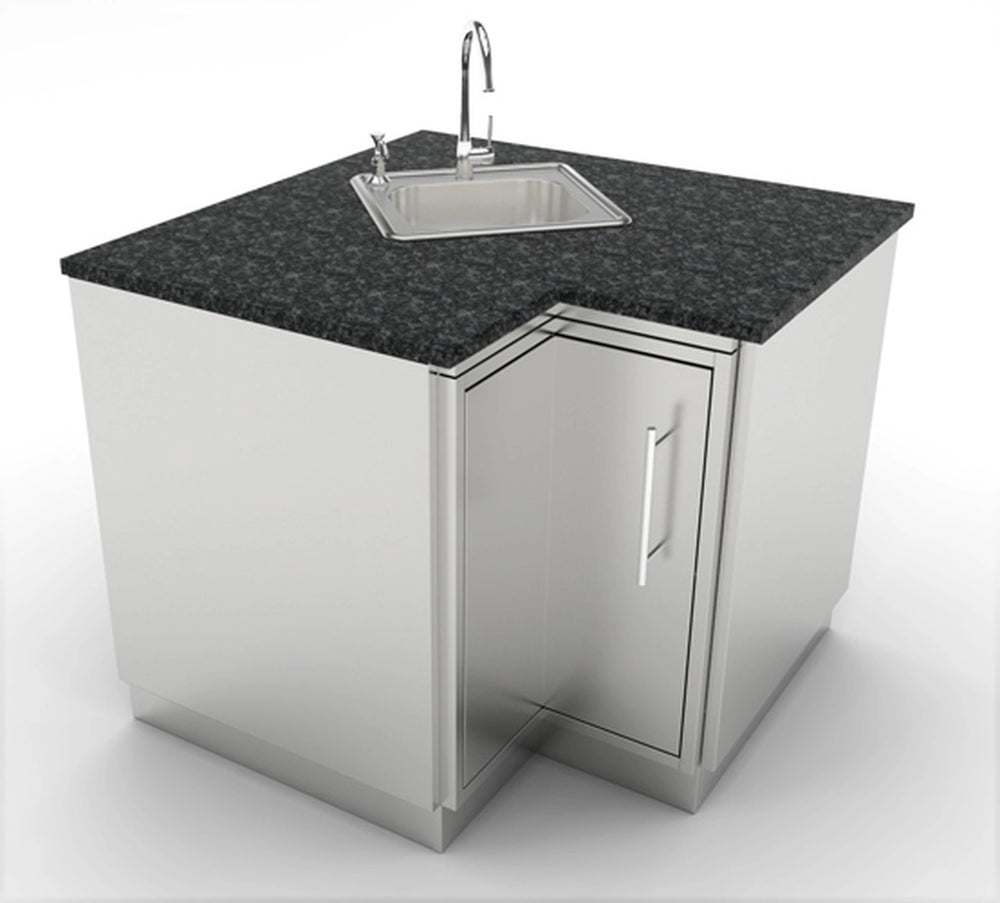 Sunstone SBC12SLS corner cabinet installed with a black granite countertop and integrated outdoor sink with chrome faucet.