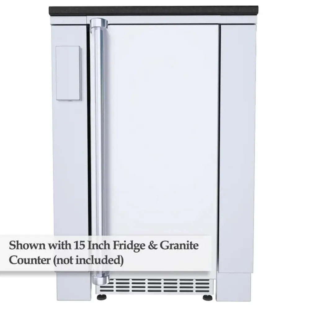 Front view of Sunstone SAC24APC 24-inch fridge appliance cabinet with 15" outdoor refrigerator installed (fridge and countertop not included).
