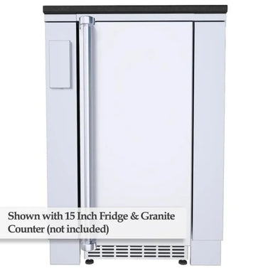 Front view of Sunstone SAC24APC 24-inch fridge appliance cabinet with 15" outdoor refrigerator installed (fridge and countertop not included).