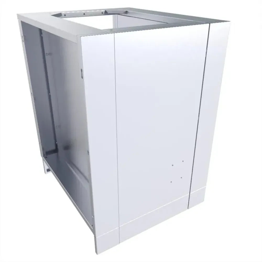 Rear/side view of Sunstone SAC24APC 24" stainless fridge appliance cabinet showing open back panel for ventilation and hookups.