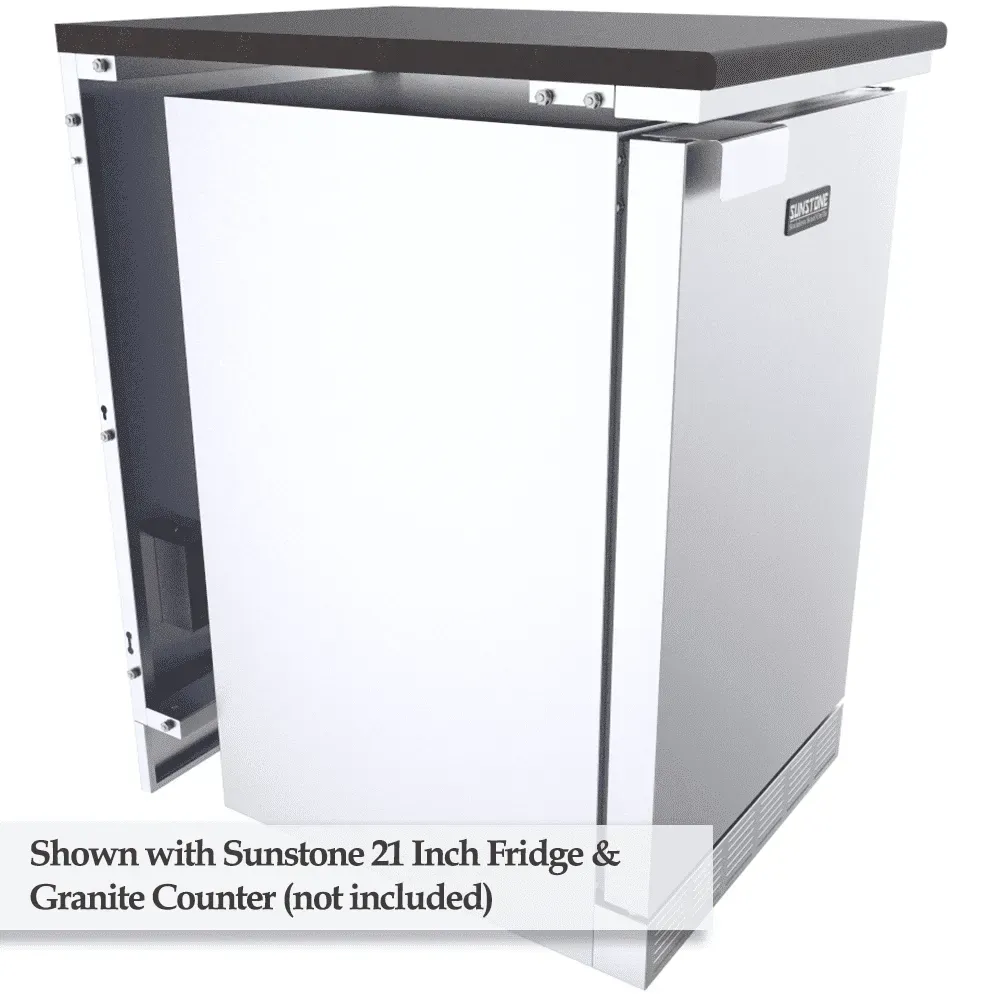 Sunstone SCC4SPEL/SCC4SPER partition panels shown with 21" fridge installed under granite countertop (not included), built-in outdoor kitchen cabinet fit.