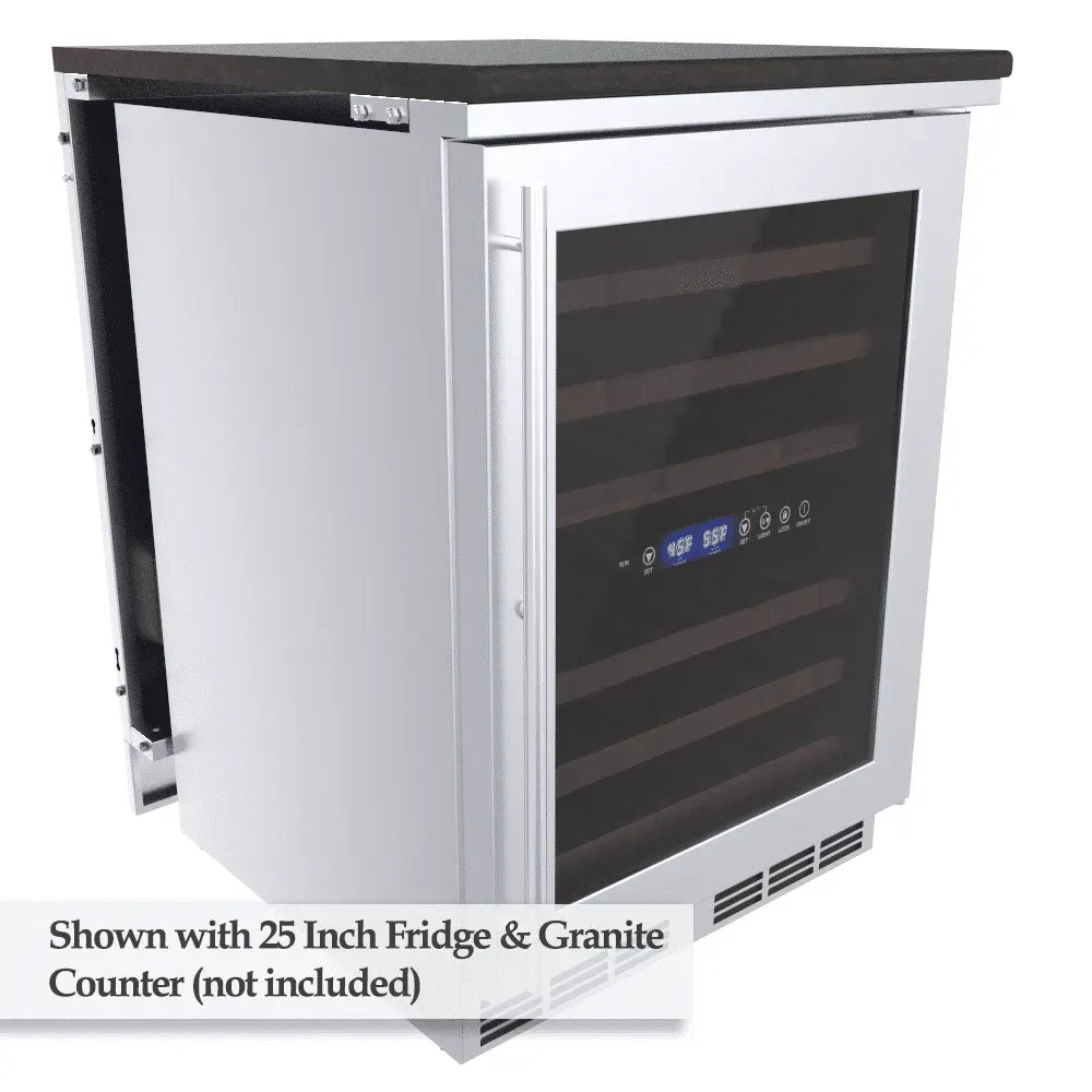 Sunstone SCC4SPEL/SCC4SPER partition panels shown with 25" glass-door beverage fridge under granite countertop (not included), outdoor kitchen appliance cabinet configuration.