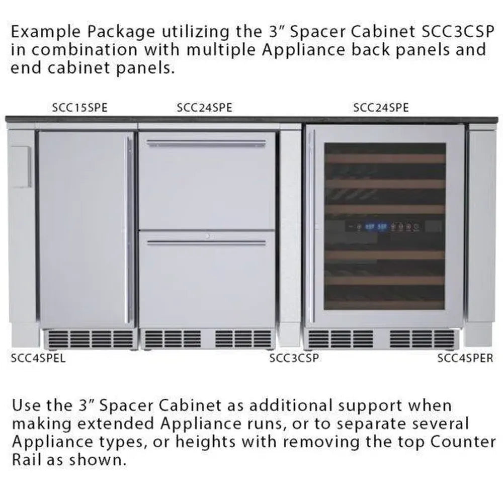 Sunstone SCC3CSP 3-inch spacer cabinet example between outdoor appliances, stainless steel support for extended appliance runs.