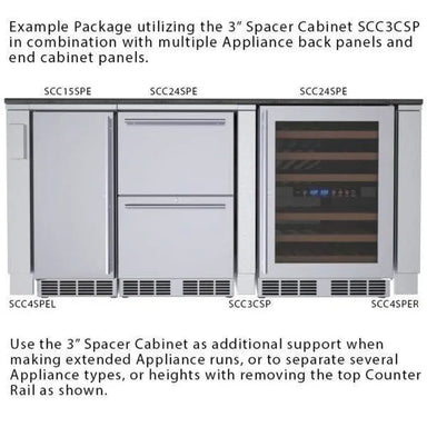Sunstone SCC3CSP 3-inch spacer cabinet example between outdoor appliances, stainless steel support for extended appliance runs.