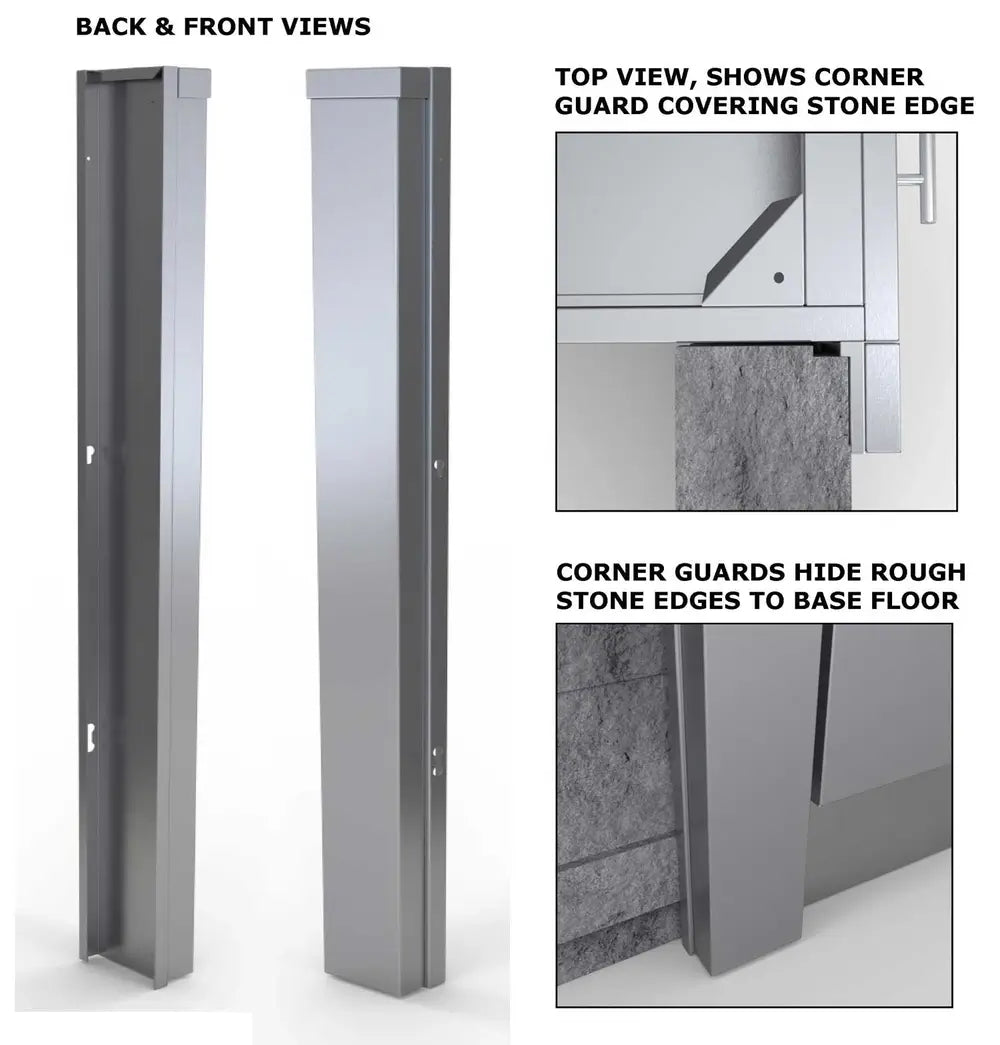 Front and back product views of the Sunstone SCC3ENDSPR corner guard with technical diagrams showing the top and bottom views of the panel covering rough stone edges.